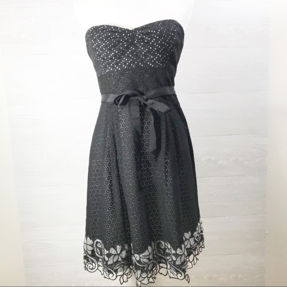 BCBGMaxAzria Black Strapless Dress with White Embroidery